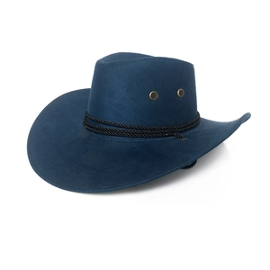 Detail of dark blue suede cowboy hat featuring black braided rope and metal eyelets