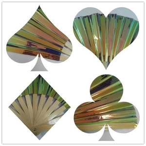 Collage of holographic PVC kung fu fans in heart, spade, club, and diamond shapes