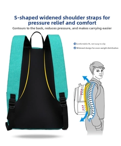 Ergonomic backpack design with S-shaped wide shoulder straps and spine protection detail
