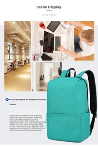 Detail of turquoise casual backpack featuring textured fabric and front zipper pocket