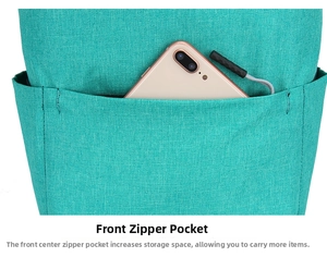 Detailed macro view of mint green backpack front zipper pocket with phone storage