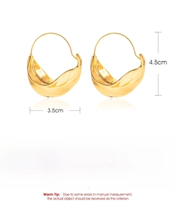 Detailed view of large gold irregular basket hoop earrings with size specifications