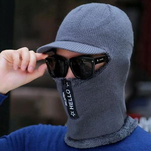 Detail of winter knitted hood with thick fleece lining and functional windproof zipper