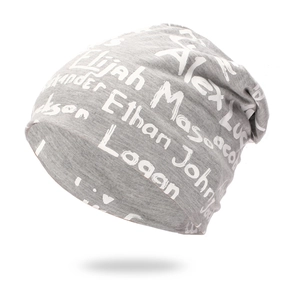 Light gray knitted slouchy beanie featuring all-over white Elijah and Ethan script print