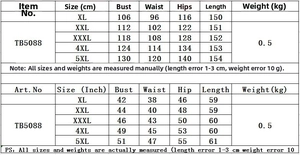 Detailed size chart for plus size striped dress, measurements in cm and inches XL to 5XL