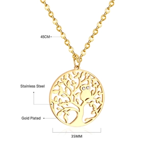 Detail view of 45cm gold plated stainless steel necklace with 35mm tree and moon pendant