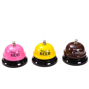 Creative metal desk bells in pink, yellow and brown with fun Ring for a Hug and Beer slogans