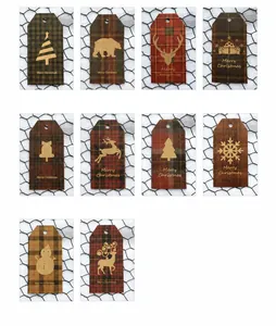 Detail of 10 assorted mini Christmas gift tags with plaid patterns and kraft paper motifs