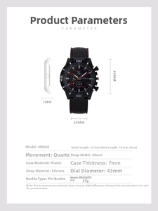 Detailed size specifications for GT sports watch with red stitching and silicone strap