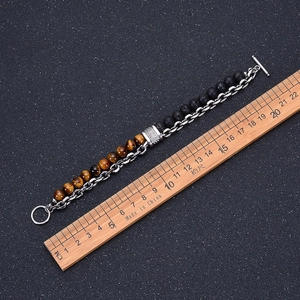 Tiger eye and lava stone beaded bracelet with silver steel chain and T-bar toggle clasp
