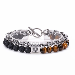 Detail of tiger eye and lava stone beads with silver stainless steel chain and T-bar toggle clasp