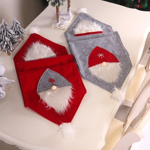 Christmas table runner set with gnome beard felt design in red and grey colors