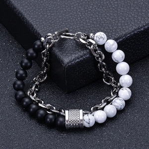 Men's double-layer bracelet with black matte beads, white turquoise, and silver steel chain