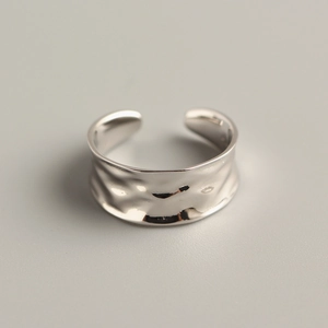 Minimalist S925 sterling silver wide open ring with irregular hammered wavy texture