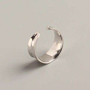 Minimalist S925 sterling silver open ring with irregular concave wavy metal texture