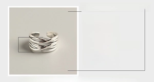 Detail showing S925 sterling silver woven ring dimensions of 11mm width and 17.3mm diameter