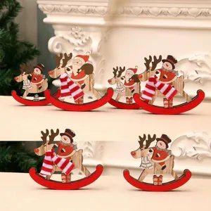 Close-up of wooden Christmas rocking horse ornament with Santa, reindeer and snowman