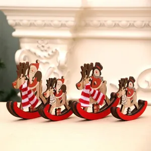 Detailed view of four wooden Christmas rocking horse ornaments with Santa and Snowman