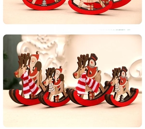 Detailed view of four wooden Christmas rocking horse ornaments with Santa and Snowman