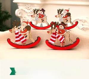Detailed view of four wooden rocking horse Christmas ornaments with Santa and snowman