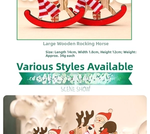 Detail of wooden rocking horse Christmas ornament with Santa Claus and festive prints