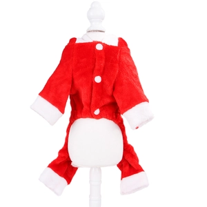 Detail of red coral fleece Christmas dog costume featuring white buttons and plush texture