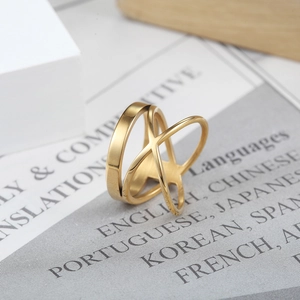 Gold infinity X-shaped titanium steel ring with polished and brushed finish for women and men