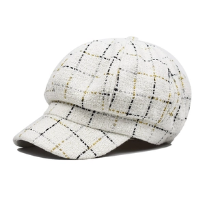 Casquette gavroche élégante en tweed blanc et doré avec motif à carreaux pour femme