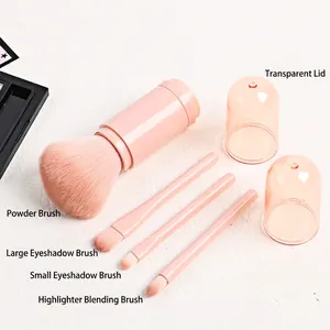 Portable 4-in-1 pink makeup brush set with retractable powder brush and eyeshadow tools