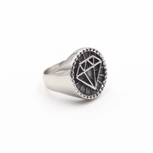 Macro shot of punk style stainless steel ring with diamond shaped relief and retro finish