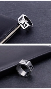 Macro view of hexagon titanium steel ring with black engraved astrological symbols