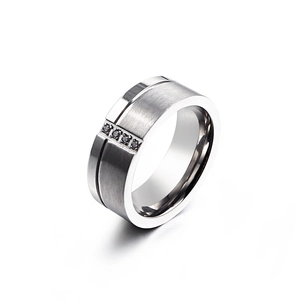Frosted silver titanium steel ring for men with four inlaid black cubic zirconia stones