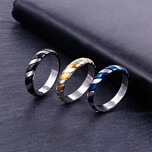 Men's striped stainless steel rings in silver-black, silver-gold and silver-blue tones