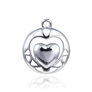 Polished silver heart pendant necklace accessory with hollow round frame on white background