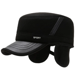 Men's winter flat top hat with ear flaps and SPORT metal logo in black wool finish