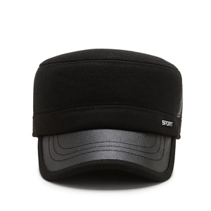 Winter black cadet cap for men with leather brim and warm ear protection flaps