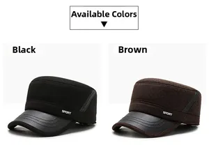 Detail view of winter flat caps in black and brown with ear protection and SPORT logo