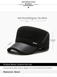 Detail view of winter flat cap with ear protection showing product dimensions and fabric texture