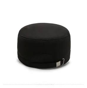 Rear view of black flat top cadet cap with adjustable metal buckle and mesh detail