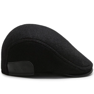 Classic black wool newsboy cap for men featuring a vintage 'Glacier' embossed leather patch