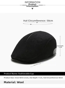 Detailed size specifications of the black wool newsboy cap showing a 58cm circumference