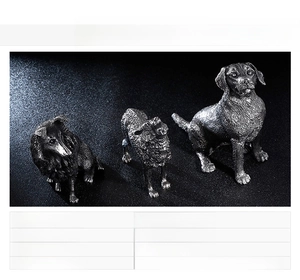 Detailed views of three stainless steel dog sculptures with product specifications