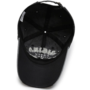 Internal details of black washed cotton baseball cap with embroidery and metal buckle