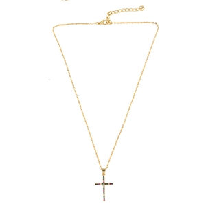 Detailed macro view of gold cross necklace with vibrant multi-color zircon stone inlays