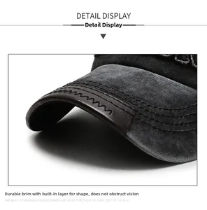 Detail view of washed canvas baseball cap brim with leather edge and zigzag stitching