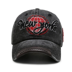 Vintage washed charcoal baseball cap with New York embroidery and leather-edged brim