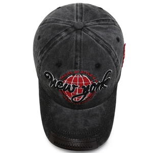 Vintage black washed cotton baseball cap with New York embroidery and leather brim detail