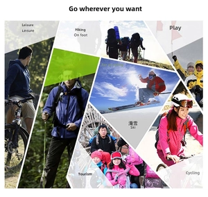 Collage di attrezzatura sportiva all'aperto con giacche da sci, caschi e bastoncini da trekking