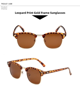 Dettaglio di occhiali da sole con montatura leopardata oro e lenti color tè