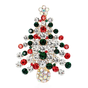 Golden Christmas tree brooch with colorful rhinestones and sparkling festive design